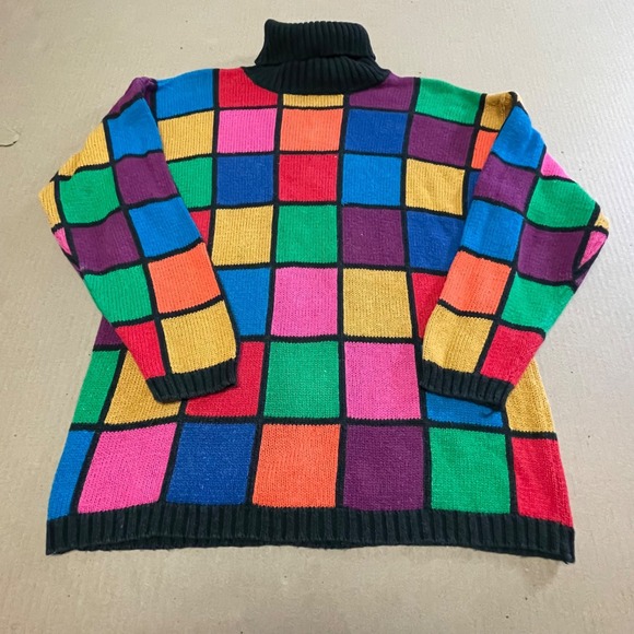 Rafaella Sweaters - Vintage Rafaella Geometric Rainbow Grid Knit Sweater Petite S Kidcore Patchwork
